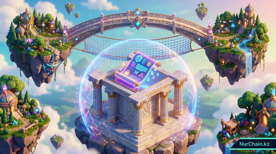 3D-визуализация цифрового документа на правовых столпах с мостом перехода, представляющая соблюдение нормативных требований и институциональную автономию.