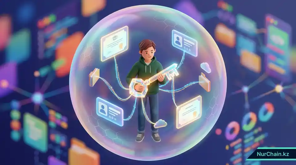 3D-графика студента, держащего мастер-ключ от своих цифровых документов, иллюстрирующая концепцию самосуверенной личности и владения данными.