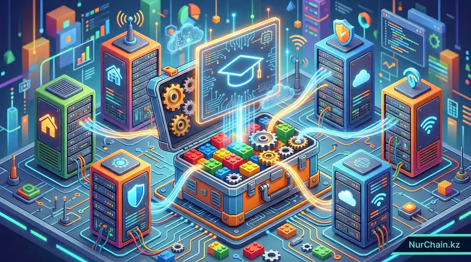 3D-инфографика, изображающая цифровой диплом, появляющийся из ящика с инструментами с открытым исходным кодом и серверов, что символизирует решения для самостоятельного размещения NFT-документов.