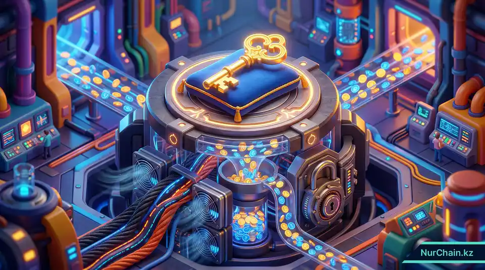 3D-иллюстрация золотого ключа на пьедестале со сложным механизмом под ним, представляющая скрытые эксплуатационные затраты на самостоятельный хостинг NFT-дипломов.