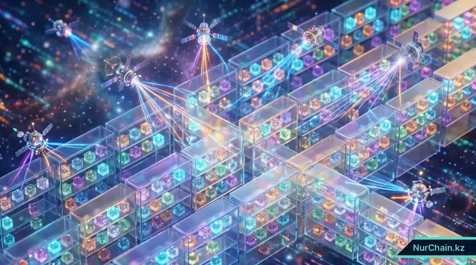 3D-графика децентрализованного хранилища со светящимися блоками данных на бесконечных стеклянных полках, представляющая постоянное хранение дипломов.