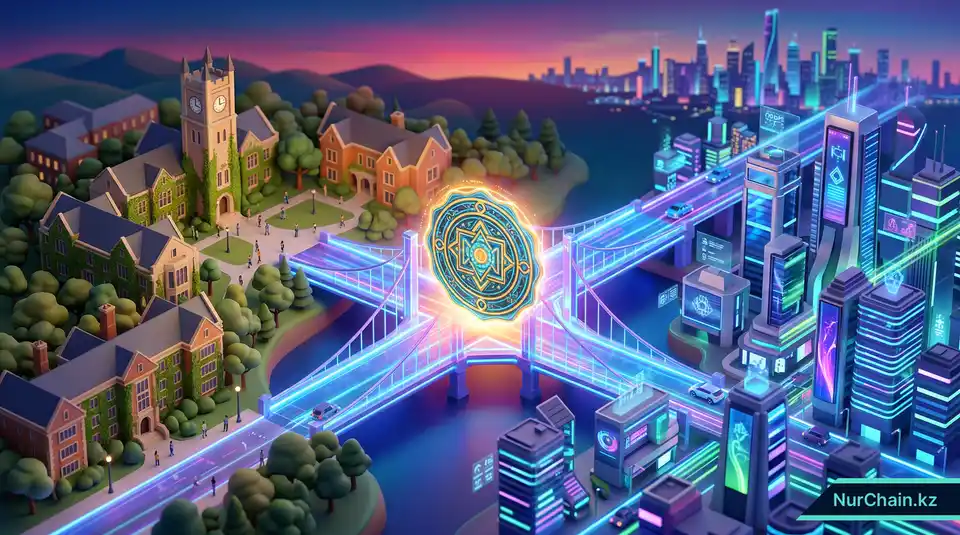 Итоговая 3D-иллюстрация светящегося моста, соединяющего классический университет с современным цифровым городом, что символизирует будущее академической честности.