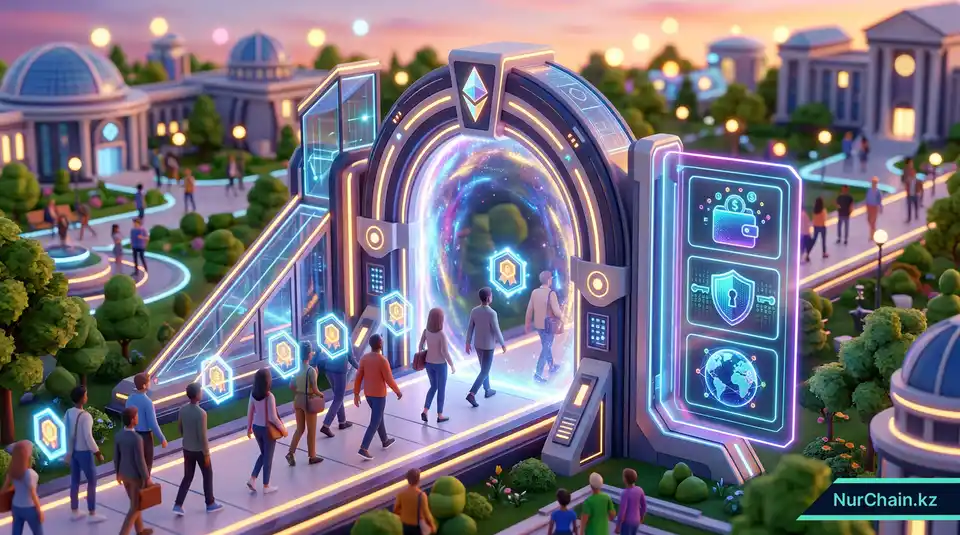 3D-инфографика университетского портала с иконками безопасности и кошелька, иллюстрирующая технические требования для институционального внедрения.