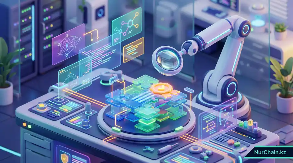 3D-визуализация процесса создания цифрового диплома из геометрических блоков, символизирующая фреймворки с открытым исходным кодом для работы с документами.