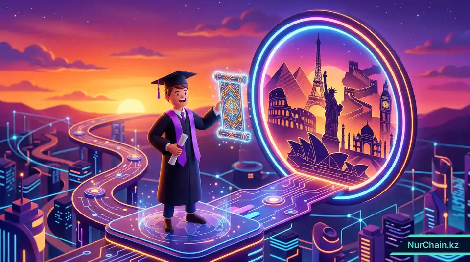 Выпускник со светящимся цифровым ключом-документом, стоящий перед порталом глобальных перемещений, иллюстрирующий академическую мобильность.