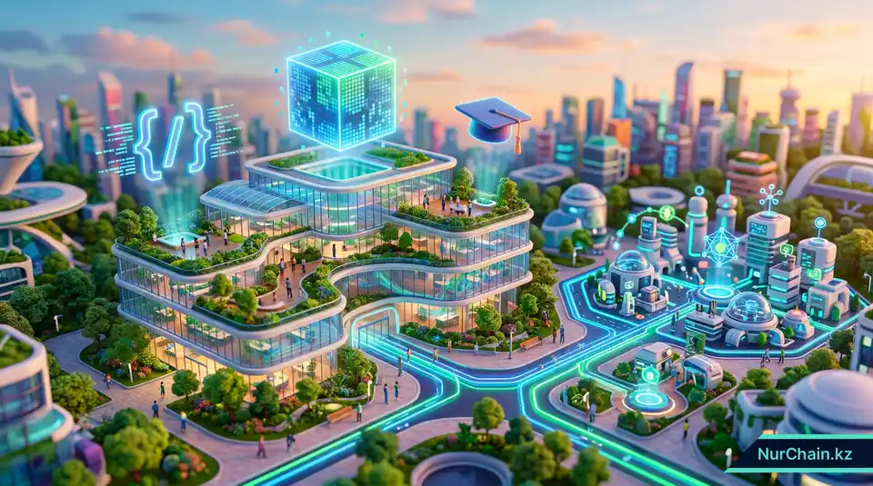 3D-модель Astana IT University как центра цифровой экосистемы с иконками блокчейна и путями передачи данных.