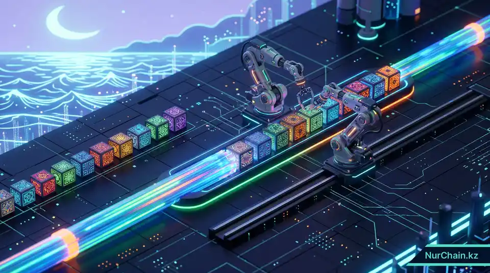 3D-визуализация оптоволоконных кабелей и синхронизированных цифровых блоков, представляющих концепцию регионального развития СНГ.