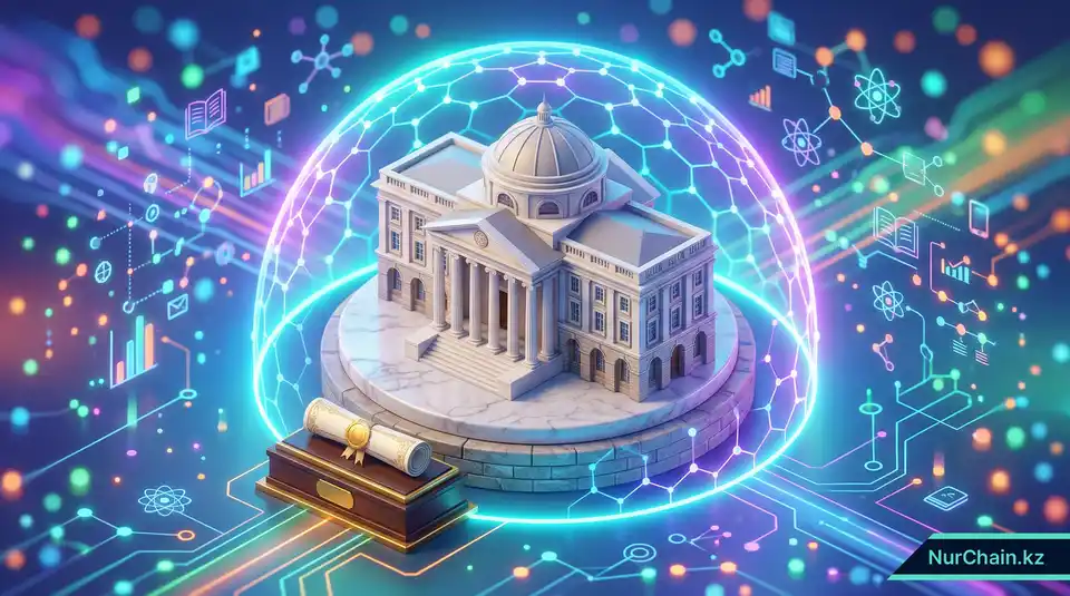 3D-иллюстрация здания университета, защищенного цифровым блокчейн-щитом, символизирующая защищенные NFT-дипломы в Университете Нархоз.