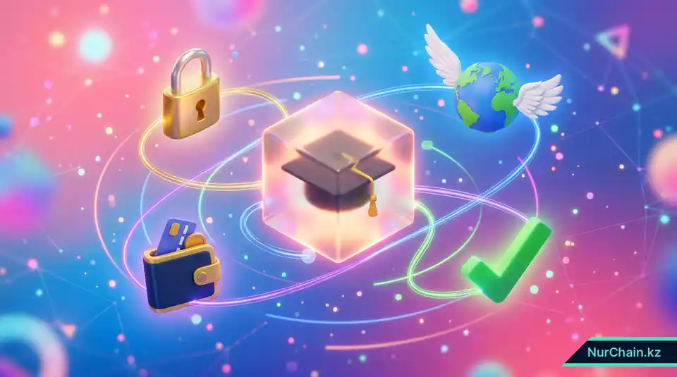 Итоговая 3D-инфографика, показывающая академическую шапочку в защищенном блоке, окруженную символами доверия, мобильности и безопасности.