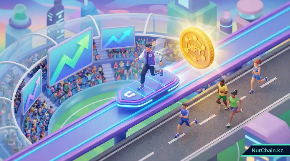 Бегун на цифровой парящей платформе, побеждающий в гонке, что олицетворяет конкурентное преимущество на рынке образования.