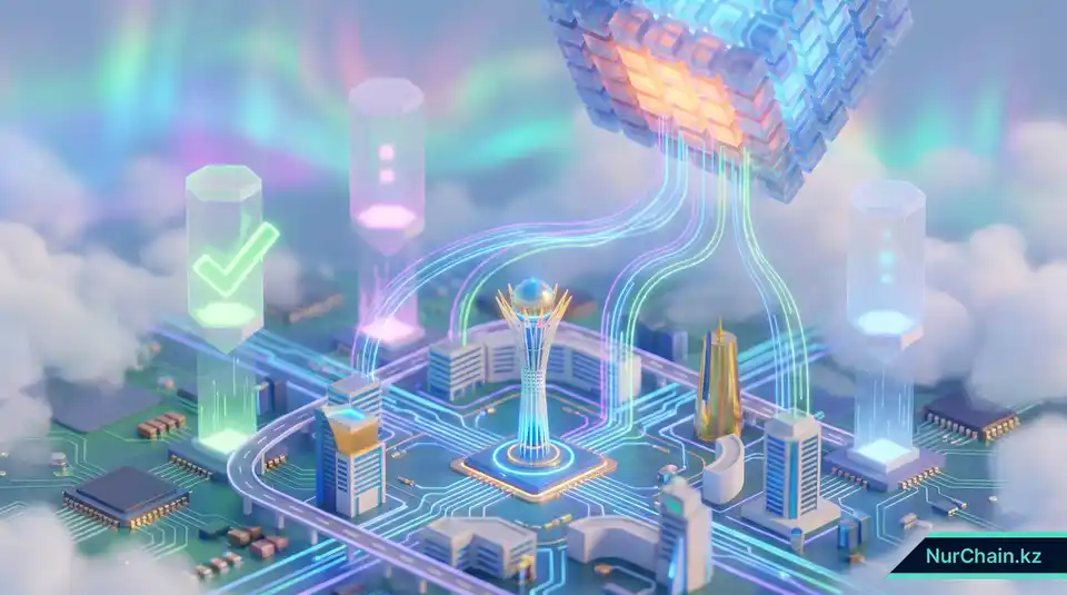 Современный город Казахстана, интегрированный с цифровыми схемами и столпами KPI, представляющими программу «Цифровой Казахстан».