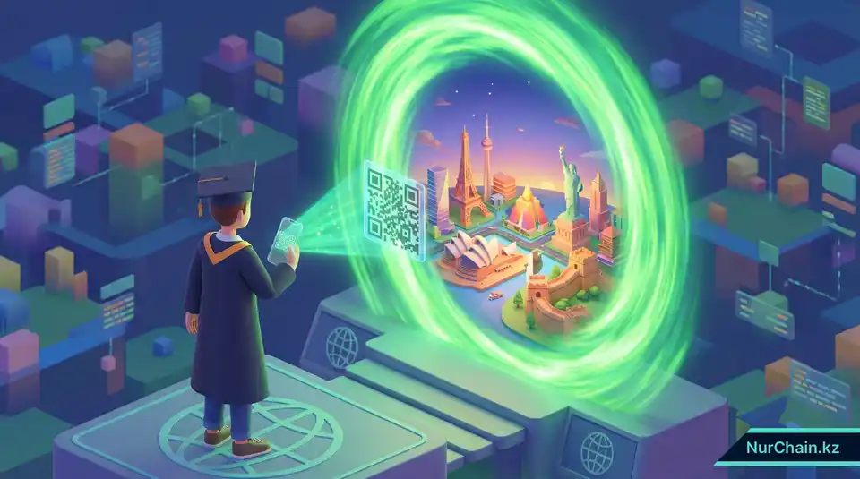 Выпускник использует смартфон для верификации документов на глобальном портале, демонстрируя международную карьерную мобильность.