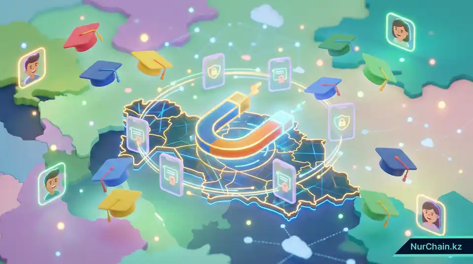 Магнит над Казахстаном, притягивающий цифровых студентов и академические шапочки, что символизирует привлечение талантливых технических специалистов.