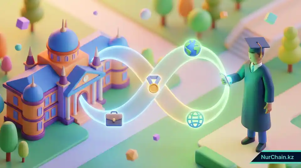 Выпускник и университет, соединенные бесконечной петлей света, что символизирует пожизненную карьерную поддержку и связь.