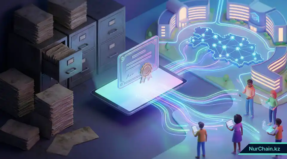 3D-сравнение традиционных бумажных дипломов и современных NFT-дипломов на фоне карты Казахстана и цифровых сетей.