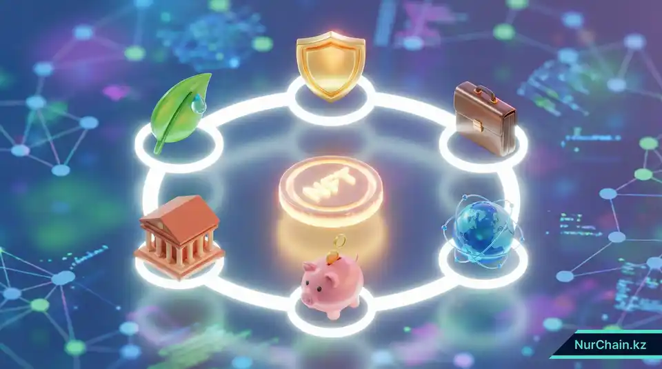 Итоговая инфографика с центральной иконкой NFT, окруженной символами доверия, мобильности и экологических преимуществ.