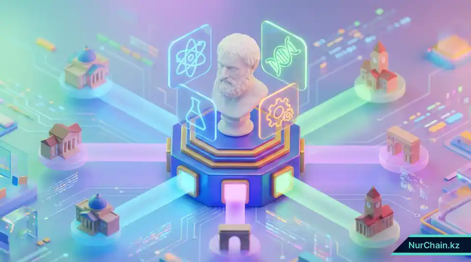 Бюст ученого на постаменте в виде блокчейна в окружении символов инноваций, представляющий академическую репутацию и лидерство в сфере EdTech.