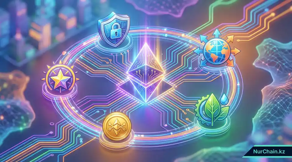 Итоговая инфографика с центральным цифровым документом в окружении иконок безопасности, мобильности, устойчивого развития и репутации.