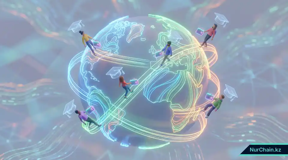 Карта мира со студентами, перемещающимися между континентами с цифровыми образовательными документами, что символизирует международную мобильность.