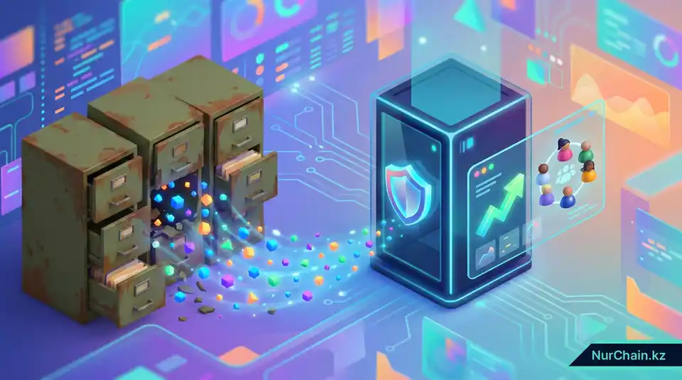 3D-инфографика, показывающая трансформацию бумажных записей в защищенный сервер, что олицетворяет административную эффективность и доверие.