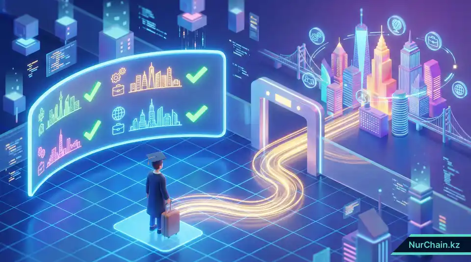 Выпускник у цифрового портала с иконками городов и зелеными галочками, что символизирует глобальную мобильность и карьерные перспективы.