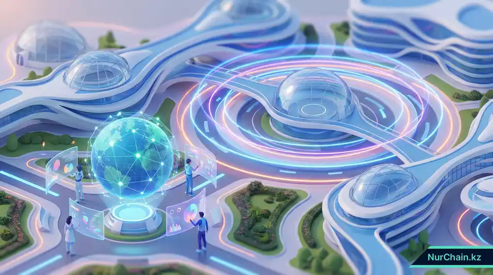 Футуристический университетский кампус с цифровыми кольцами и голографическими данными, олицетворяющий современный региональный образовательный хаб.