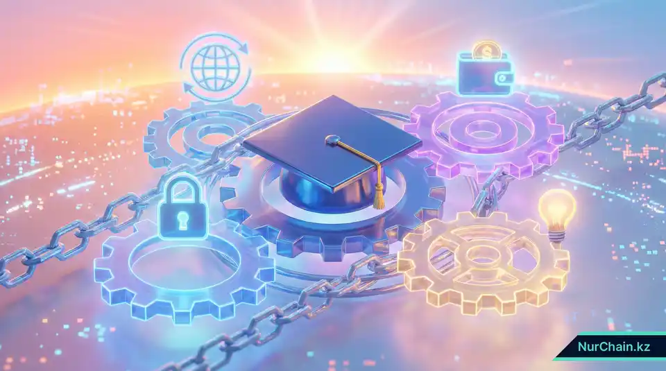 Итоговая 3D-иллюстрация академической шапочки в центре системы шестеренок на базе блокчейна, символизирующая будущее образования.