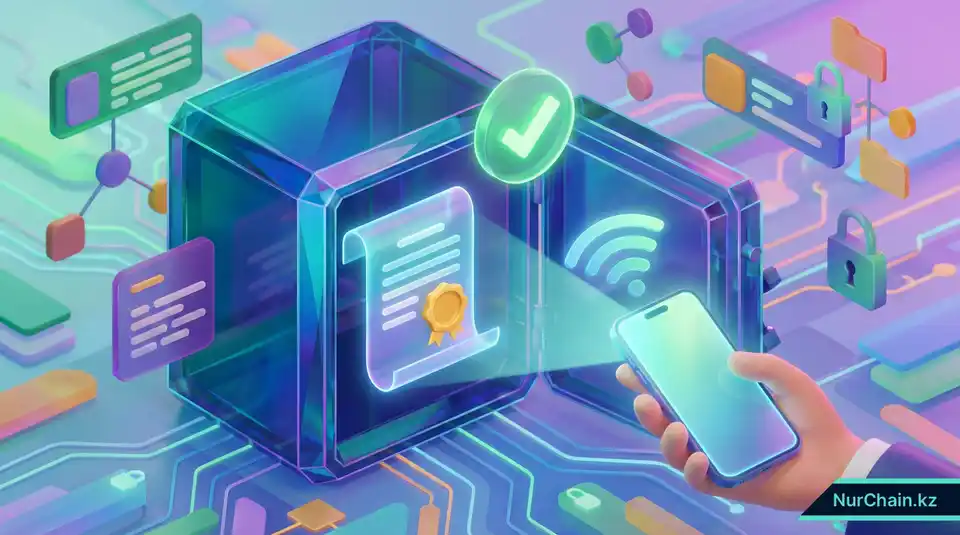 3D-графика: студент использует смартфон для разблокировки защищенного цифрового хранилища, содержащего NFT диплом.