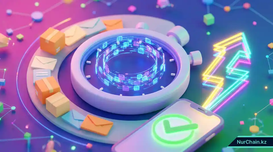 3D-визуализация секундомера и молнии из данных, представляющая переход от медленной ручной проверки к мгновенным цифровым проверкам.