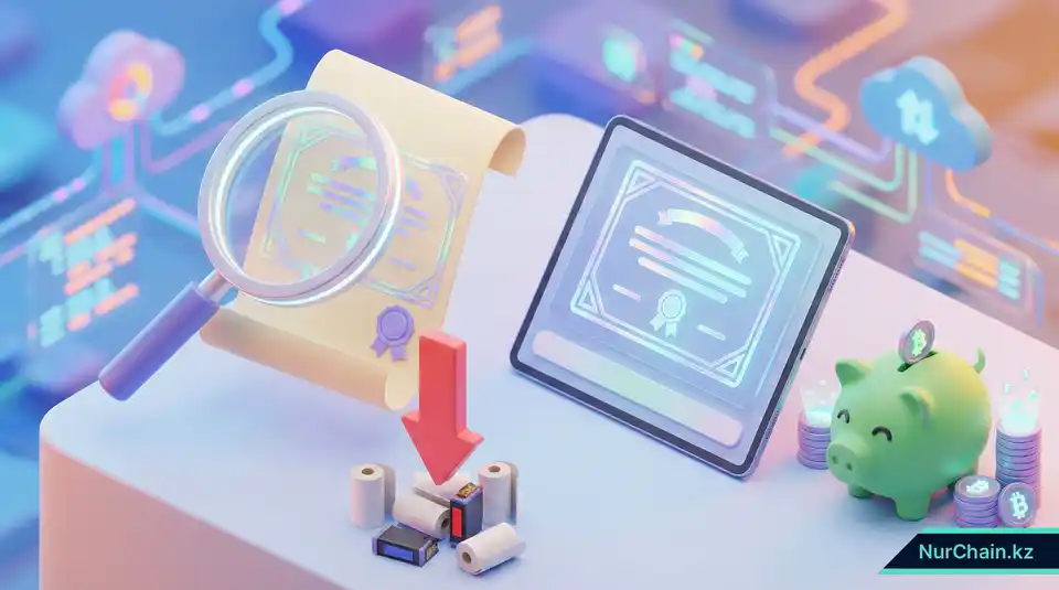 Сравнение физического диплома с печатями защиты и цифровой версии на планшете, иллюстрирующее экономию на расходных материалах.