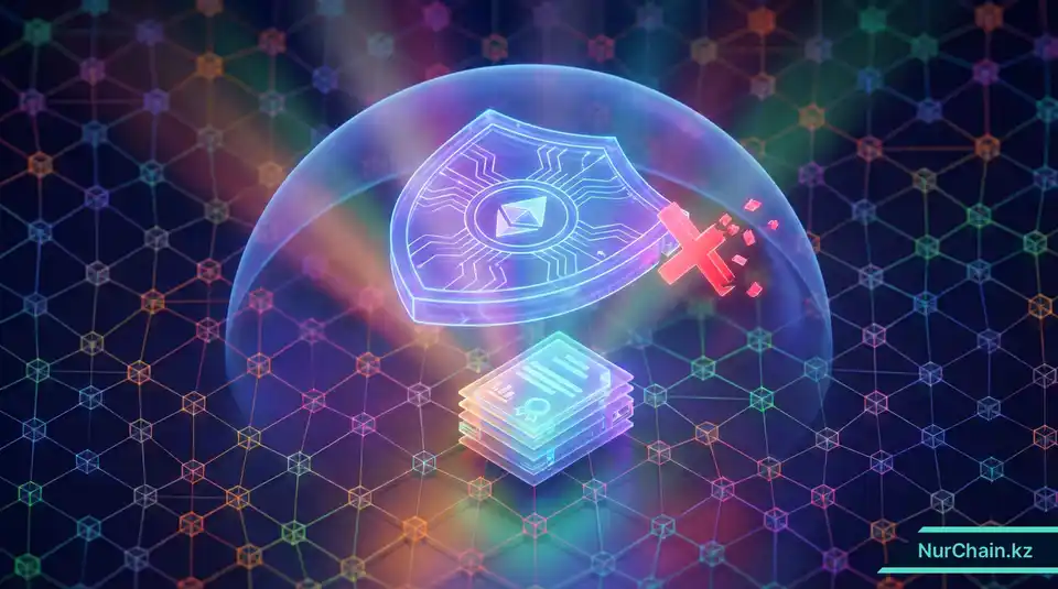 Цифровой щит, защищающий документы от мошенничества, что символизирует высокую безопасность и неизменность блокчейн-реестров.