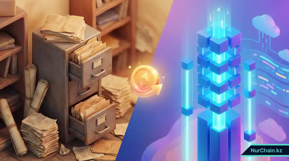 3D-инфографика, показывающая переход от громоздких бумажных архивов к элегантной цифровой блокчейн-системе для снижения университетских расходов.