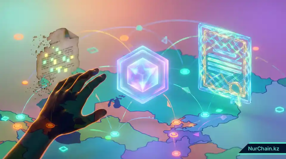 3D-иллюстрация светящегося NFT-токена, защищающего цифровой документ от подделки на стилизованной карте Центральной Азии.