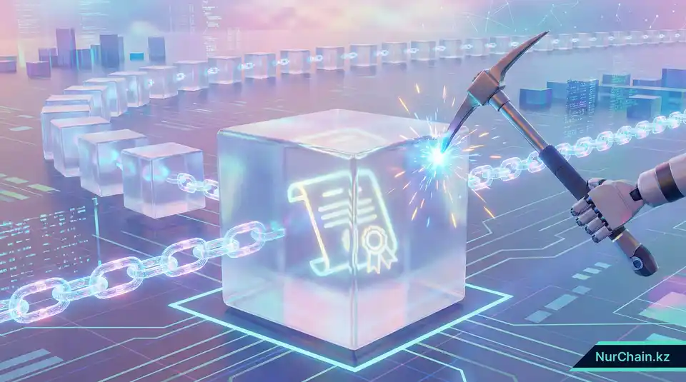 3D-графика цифрового документа, заключенного в неразрушимый блокчейн-блок, иллюстрирующая неизменность данных и предотвращение мошенничества.