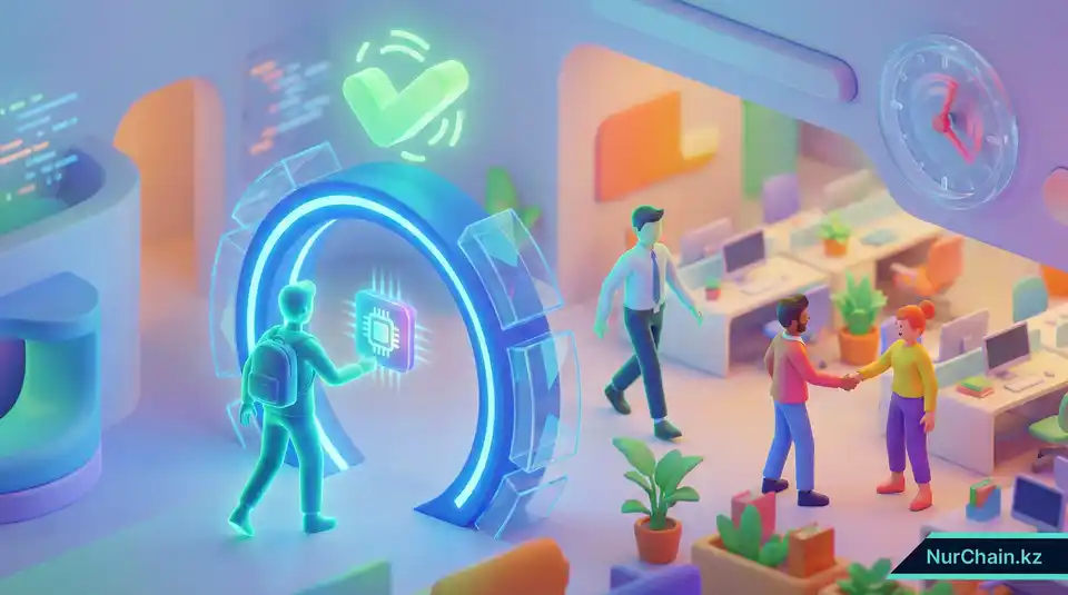 3D-иллюстрация шлюза быстрой верификации с символом зеленой галочки для мгновенного подтверждения подлинности документов.