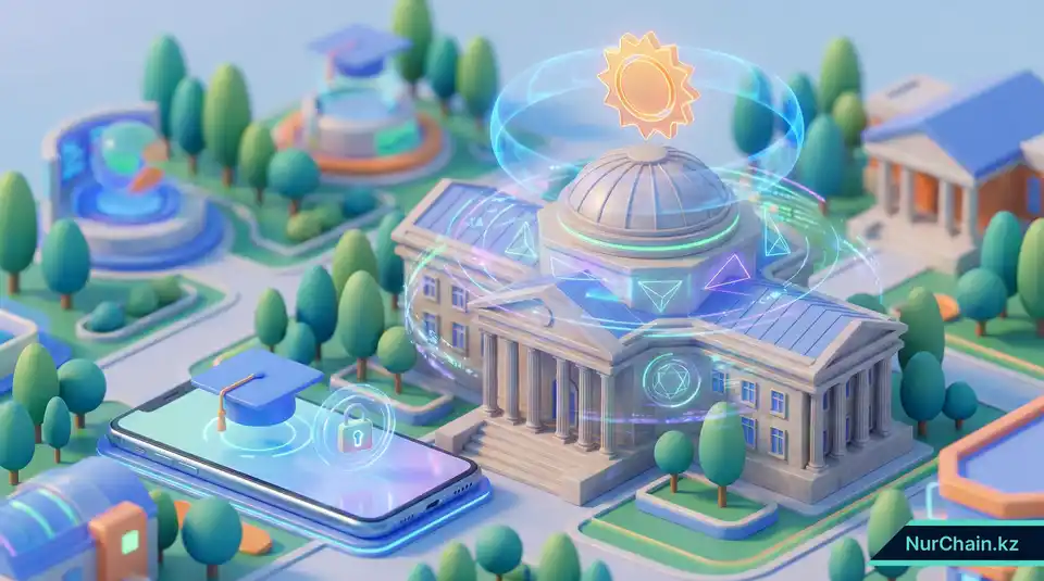 3D-визуализация традиционного здания университета в Казахстане, защищенного цифровой печатью и интеграцией со смартфоном.