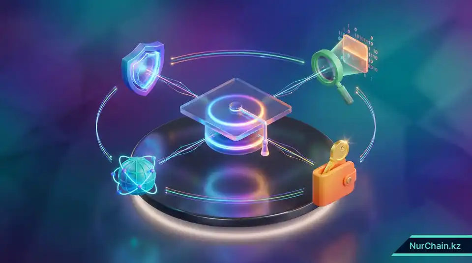 Итоговая 3D-инфографика: академическая шапочка в окружении иконок безопасности, верификации и глобальной мобильности.