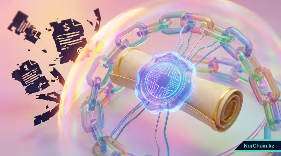 Цифровая блокчейн-печать, защищающая диплом от подделок, что символизирует академическую честность и борьбу с коррупцией.