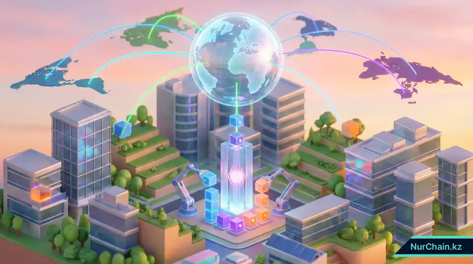 3D-сцена инновационного ИТ-хаба и линий глобального экспорта, представляющая экономический рост в технологическом секторе.