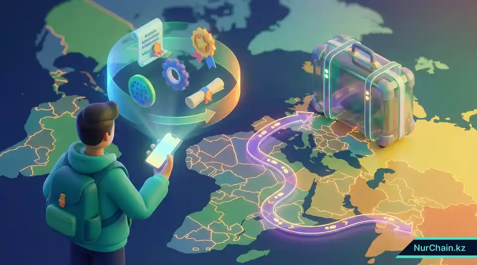 Голографические документы в смартфоне, демонстрирующие цифровую мобильность и достижения в обучении на протяжении всей жизни в мировом масштабе.