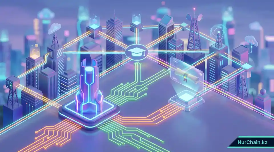 3D-инфографика, демонстрирующая соответствие цифровых дипломов национальной цифровой стратегии и технологическому росту городов.