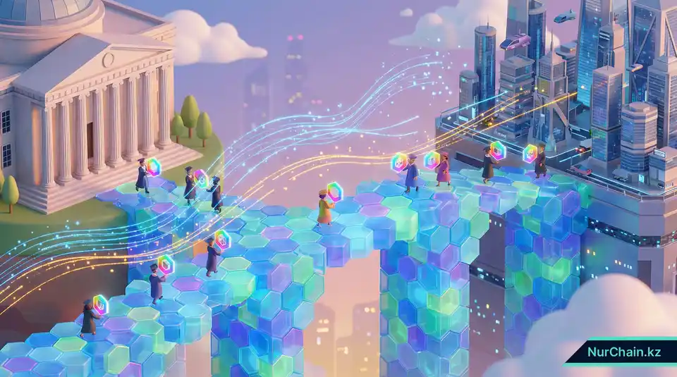 3D-изометрическая иллюстрация цифрового блокчейн-моста, соединяющего университет с современным городом и символизирующего непрерывное взаимодействие с выпускниками.