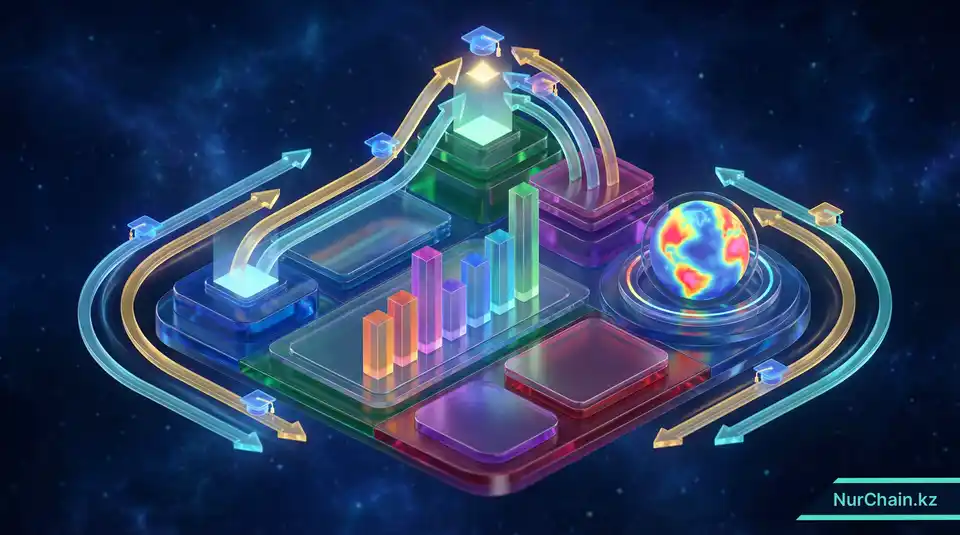 3D-панель цифровой аналитики, отображающая абстрактное отслеживание карьерного роста и данные о выпускниках.