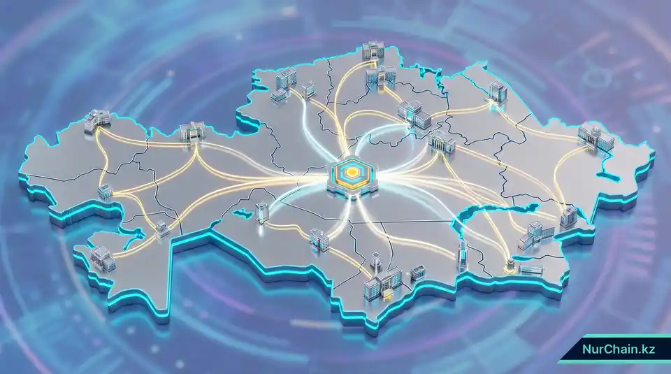 3D-изометрическая карта Казахстана с сияющей цифровой сетью, представляющей национальную академическую блокчейн-экосистему.