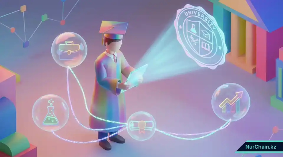 3D-рендер выпускника с цифровым кошельком, поддерживающим постоянную голографическую связь с его университетскими достижениями.