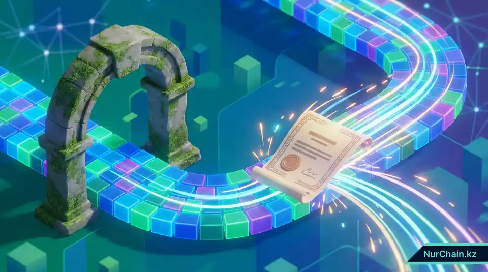 3D-визуализация цифрового диплома, мчащегося по блокчейн-трассе в обход медленных традиционных административных барьеров.