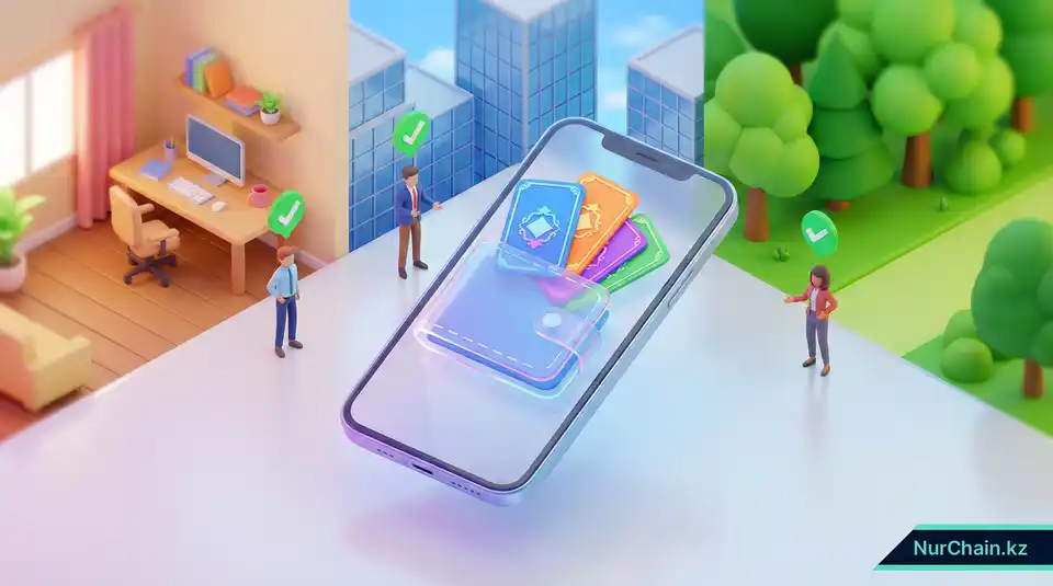 3D цифровой кошелек в смартфоне, демонстрирующий портативные образовательные документы для удаленной работы и трудоустройства по всему миру.