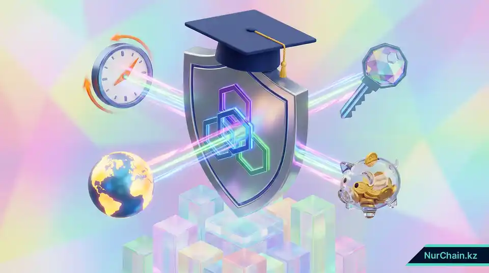 3D-инфографика, резюмирующая преимущества блокчейн-документов: безопасность, скорость и глобальная мобильность для выпускников.