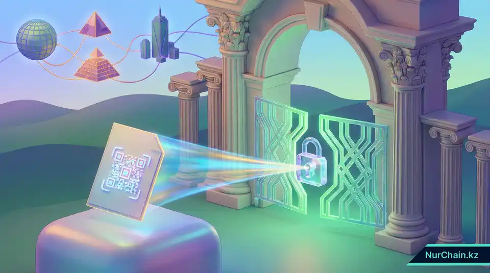3D-сцена: цифровой документ открывает ворота престижного международного университета с помощью криптографического доверия.