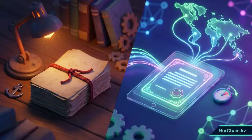 3D-сравнение традиционных бумажных дипломов с современными цифровыми блокчейн-документами на фоне сияющей карты мира.